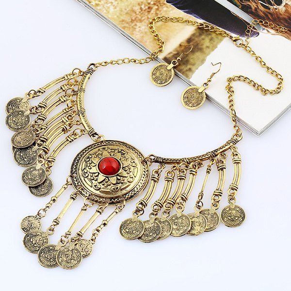

Vintage Coins Pendant Necklace and Earrings, Gold and red