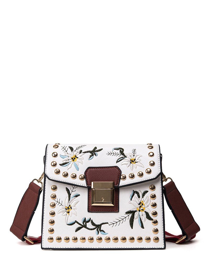 2018 Floral Embroidered Rivet Crossbody Bag In White