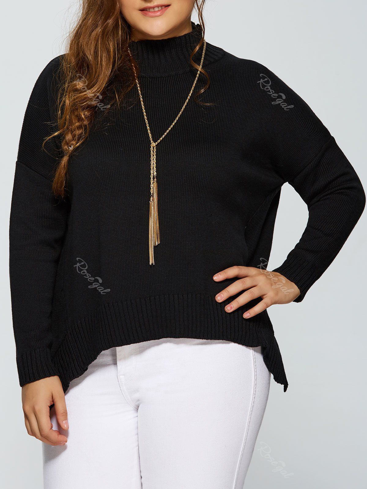 

Plus Size Drop Shoulder Side Slit Turtleneck Sweater, Black