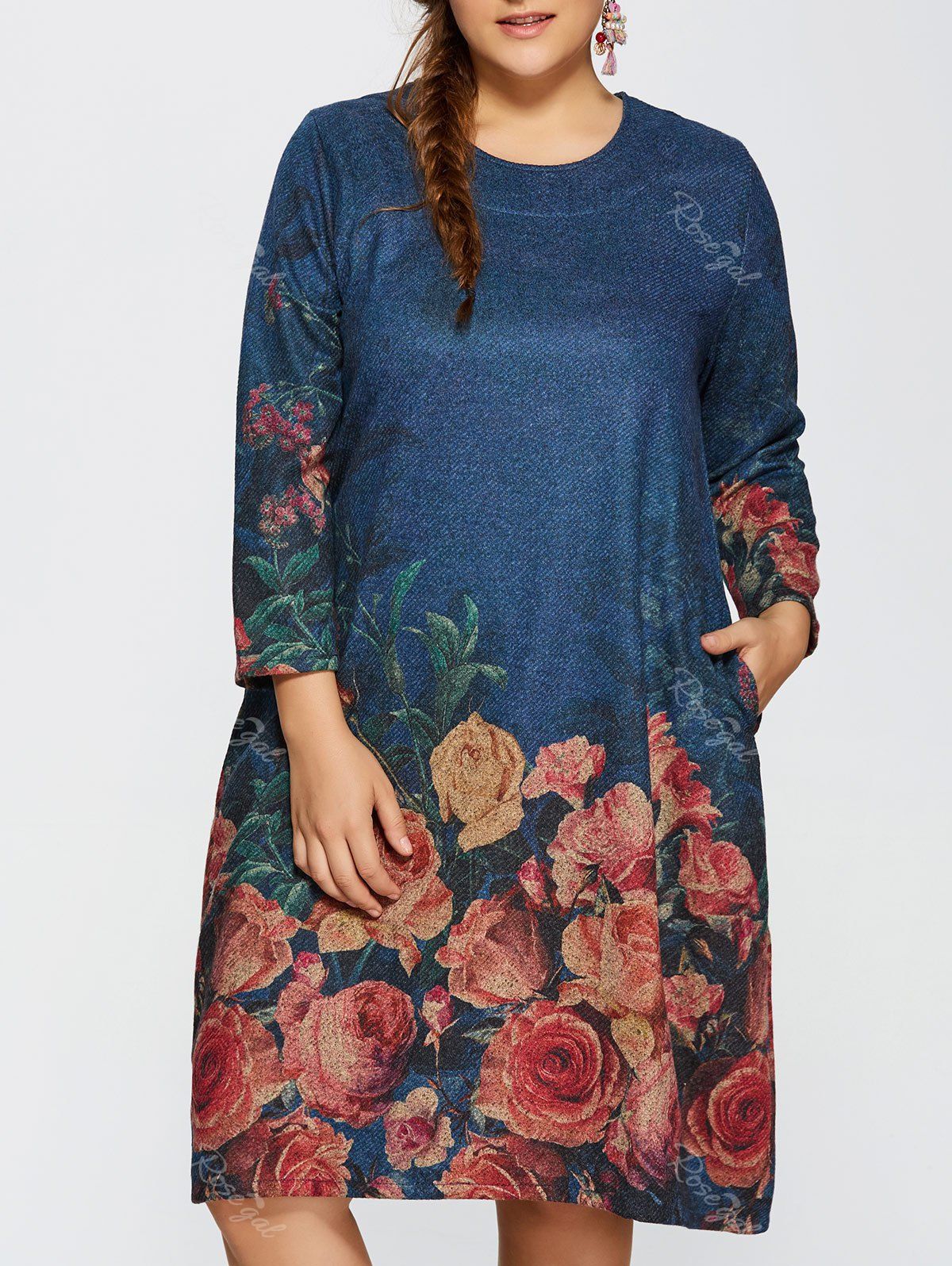 [36 OFF] Plus Size Long Sleeve Floral Dress Rosegal