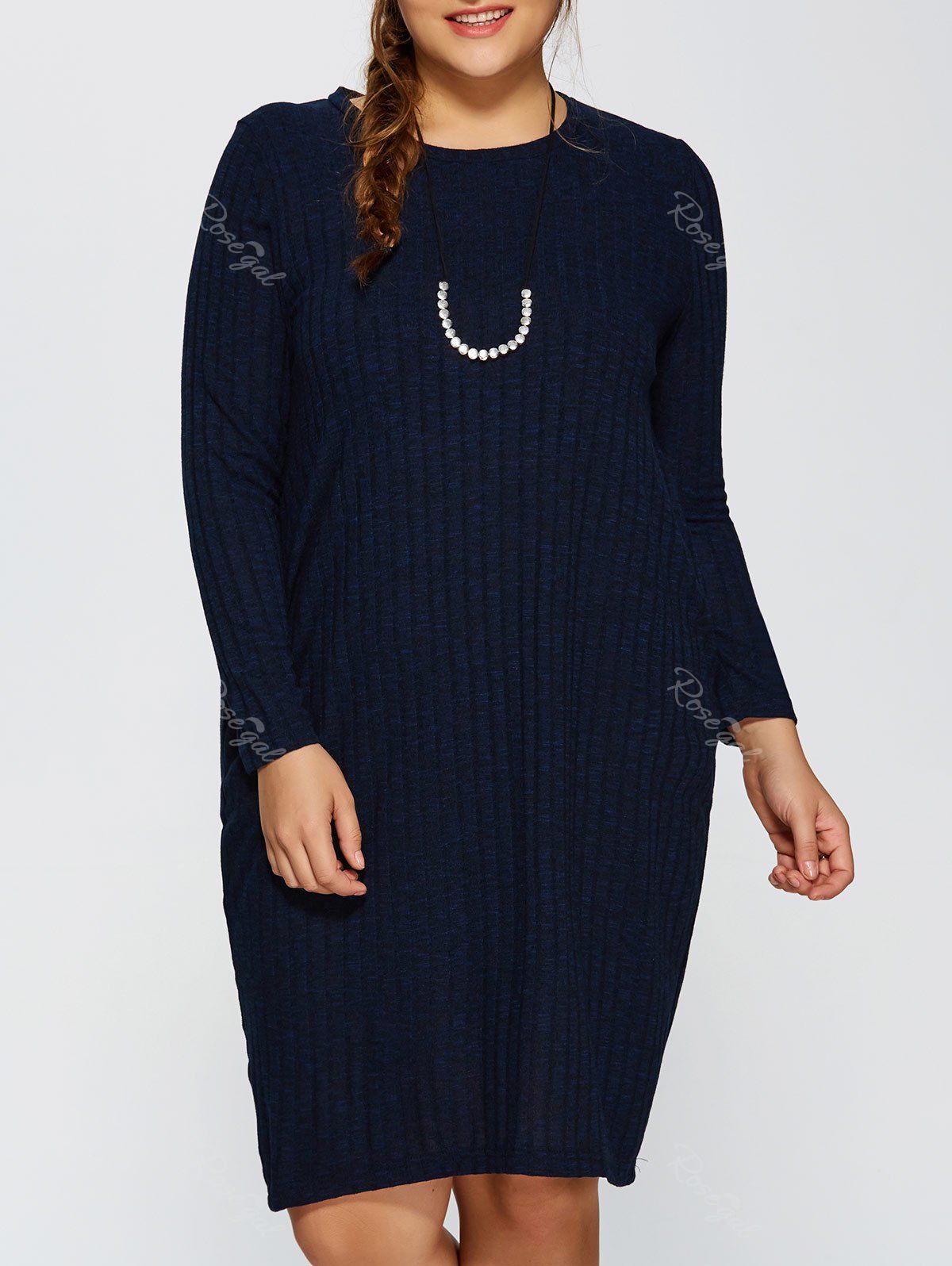 

Plus Size Ribbed Bodycon Sweater Dress, Deep blue