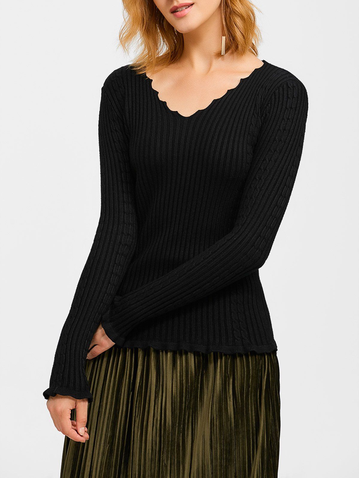 

Flounce Ribbed V Neck Sweater, Black