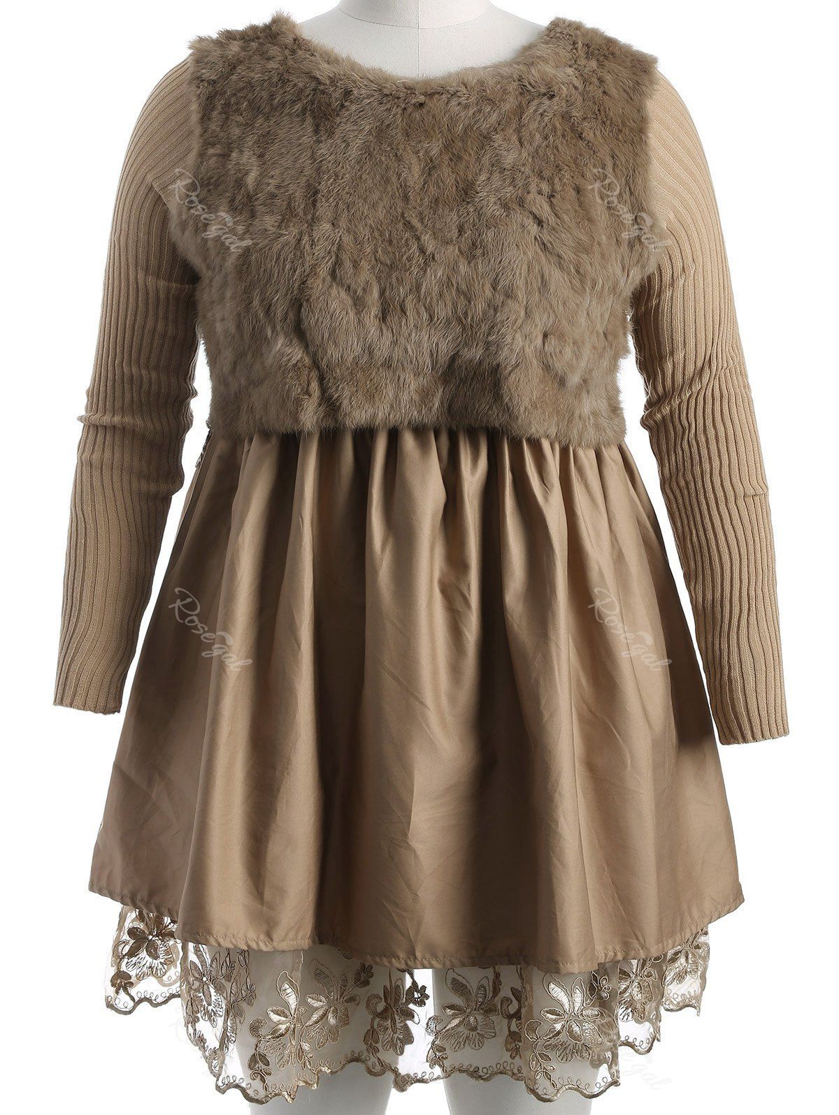 

Plus Size Lace Splicing Faux Fur Knitted Dress, Camel