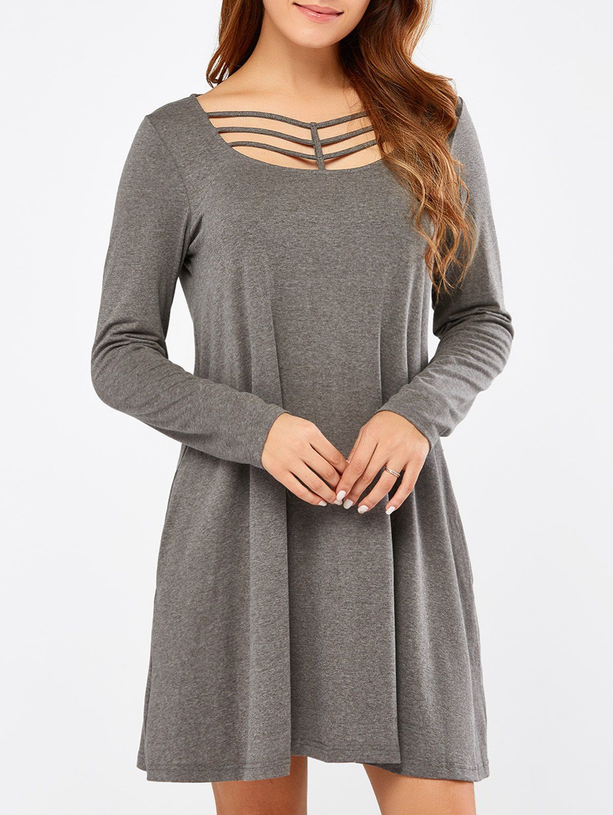 

Long Sleeve Strappy A Line Casual Short Dress, Gray