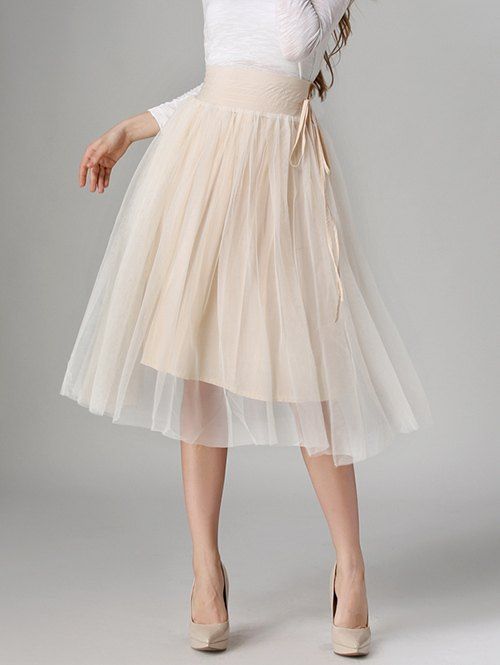 [37% OFF] Tied-Up Shirred Blush Tulle A-Line Skirt | Rosegal