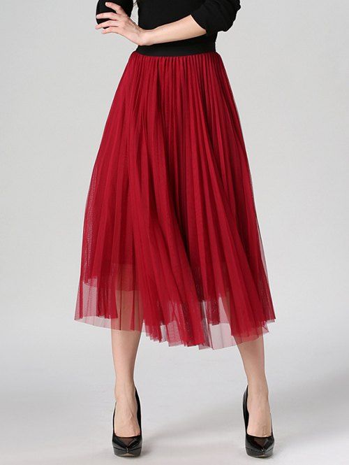 [57% OFF] Tulle Pleated Midi A-Line Skirt | Rosegal