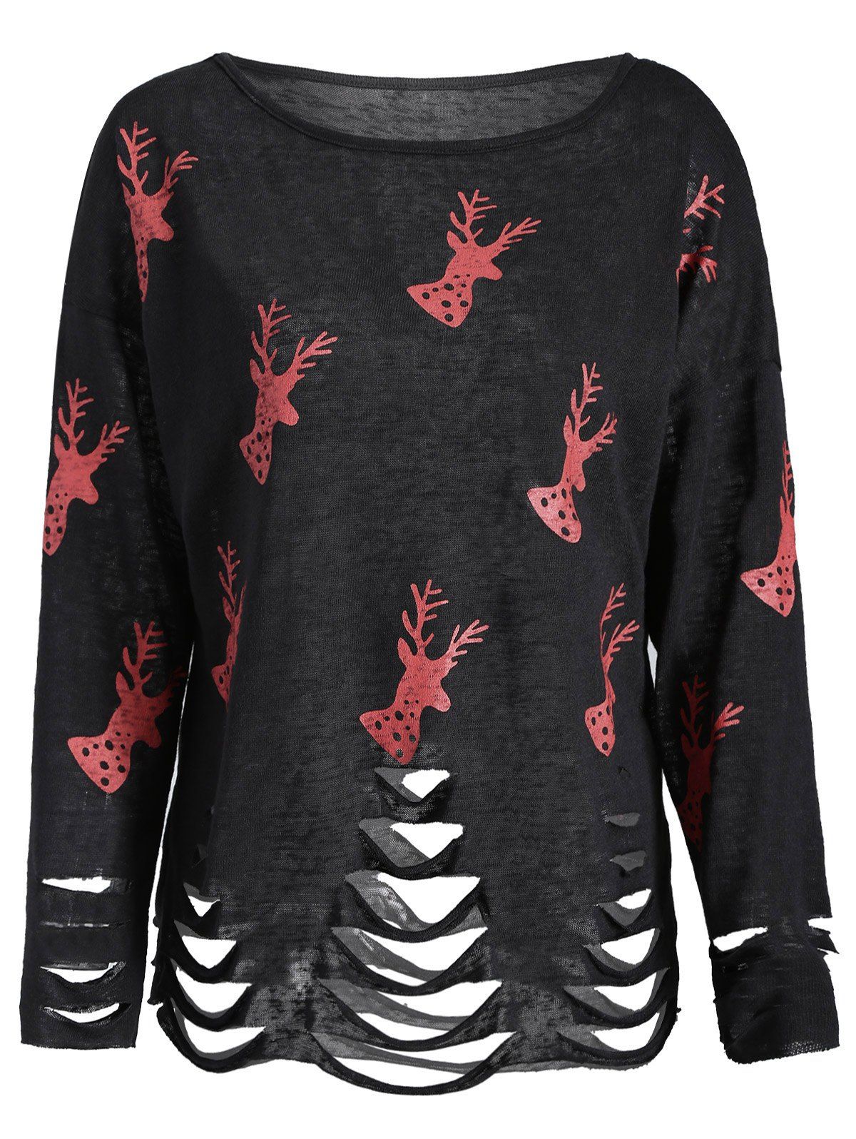 

Christmas Deer Print Ripped Knitwear, Black