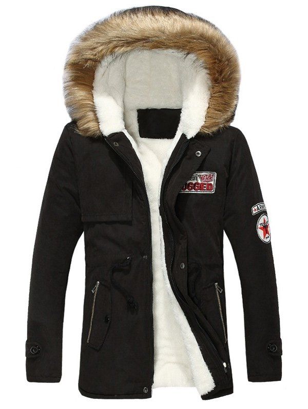 

Drawstring Zip Pocket Faux Fur Hooded Flocking Jacket, Black