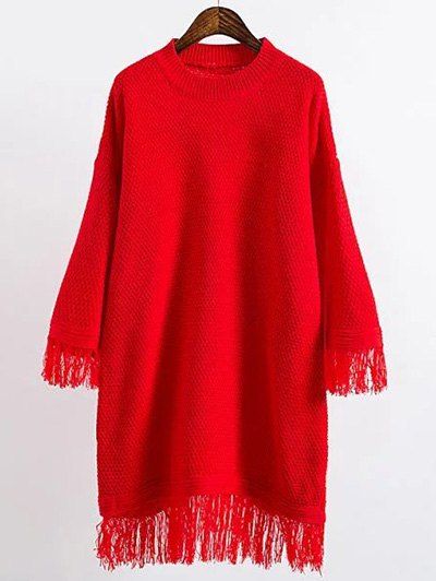 Chic Long Sleeve Mini Slouchy Jumper Dress with Fringe  