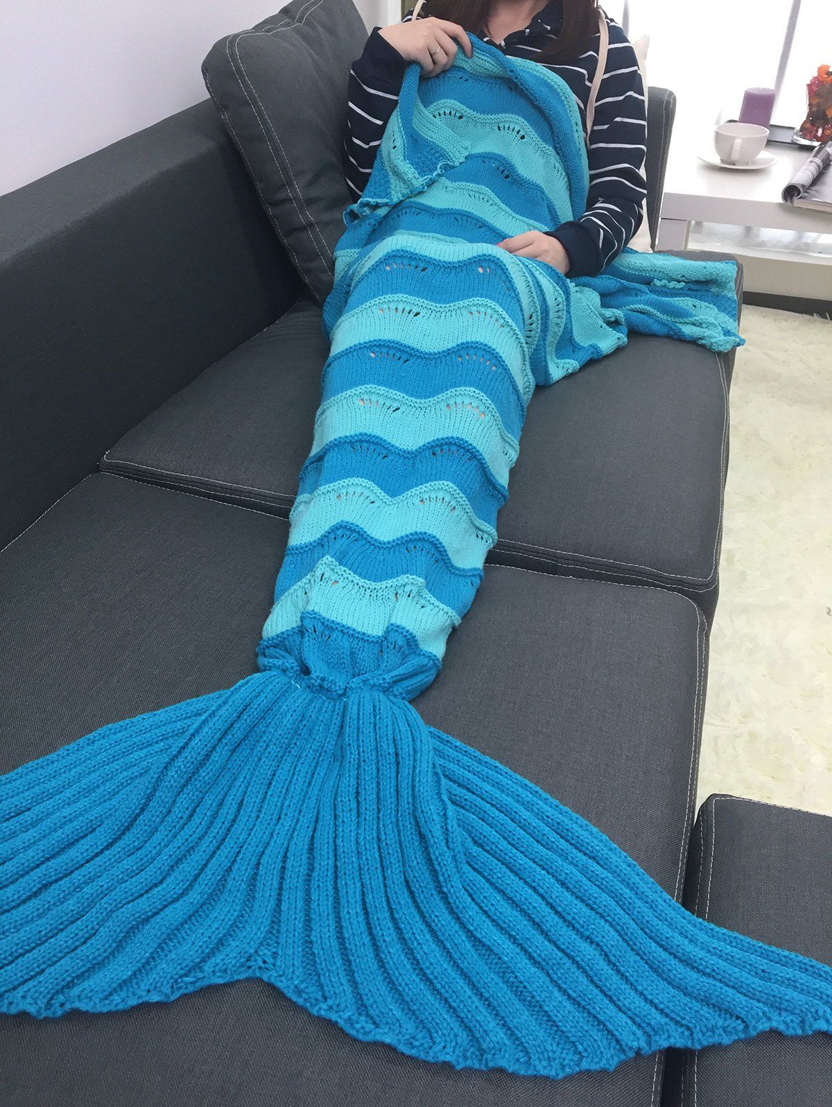 

Thicken Stripe Knitted Wrap Mermaid Tail Blanket, Blue