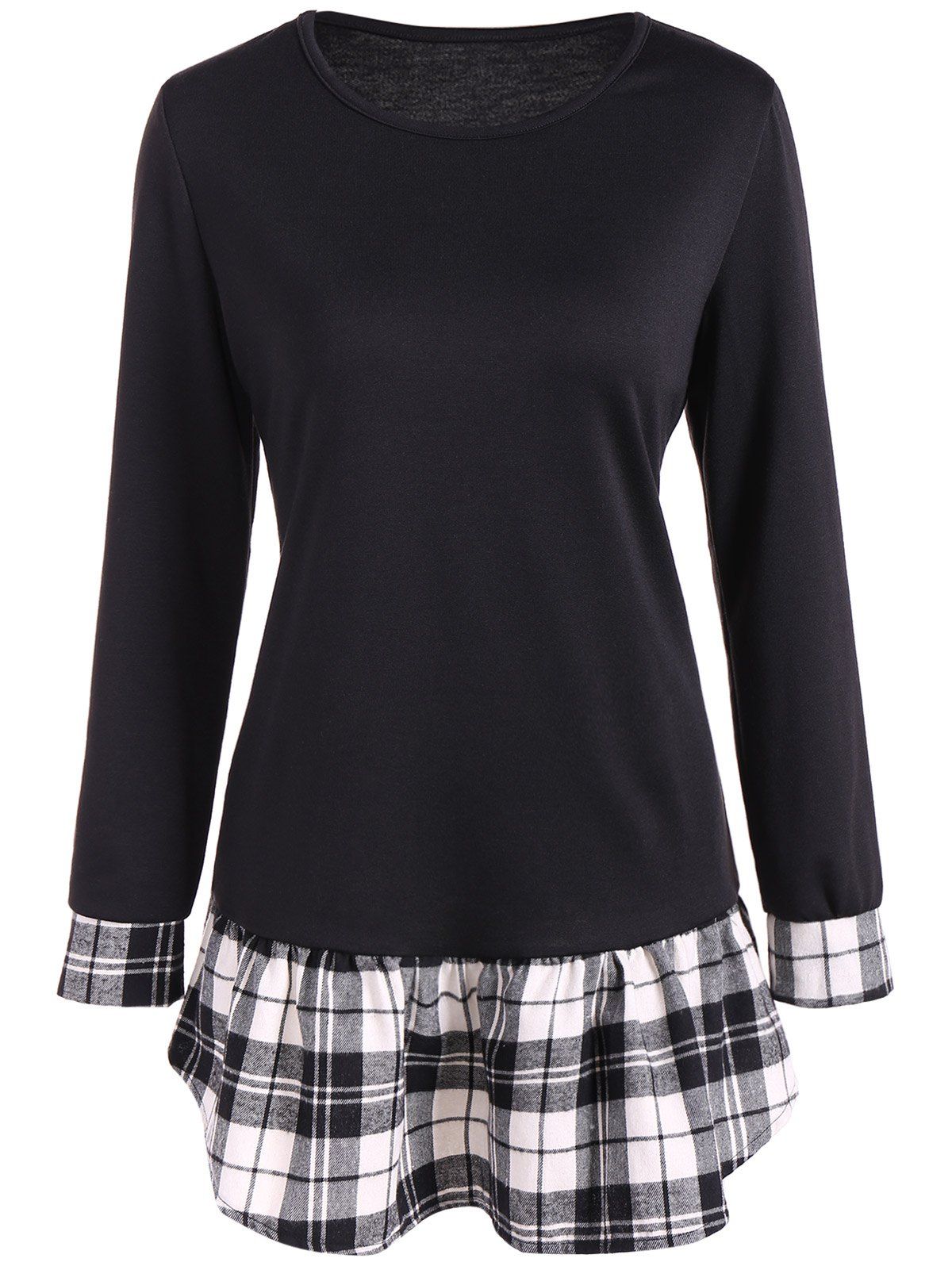 [77% OFF] Long Sleeve Peplum Tee With Plaid Details | Rosegal