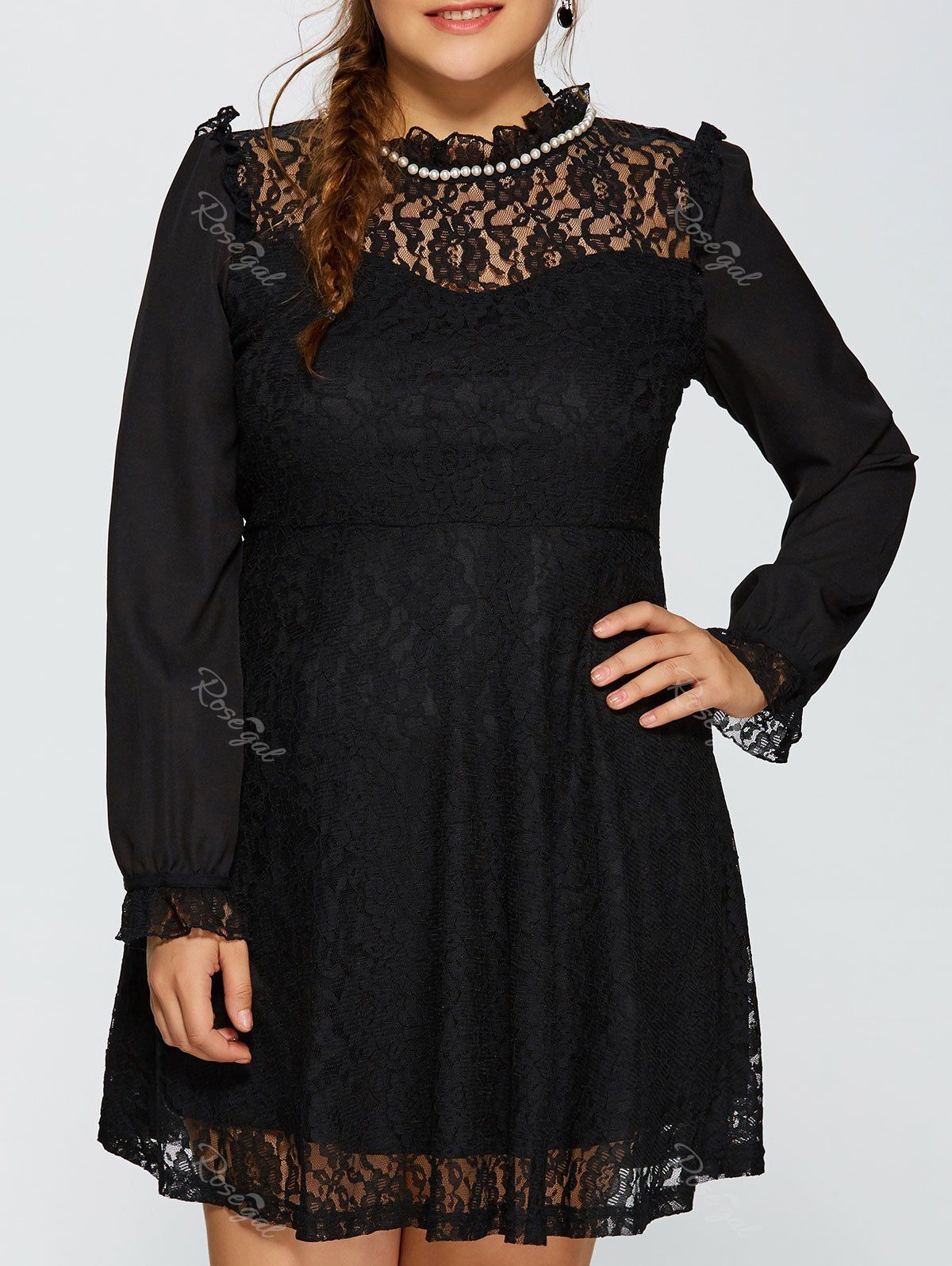 2018 Empire Waist Long Sleeve Lace Dress In Black 2xl