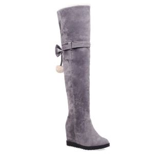 Hidden Wedge Bow Pompons Thigh Boots