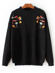 Crew Neck Floral Embroidered Pullover Sweater -  