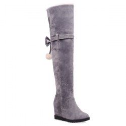 Hidden Wedge Bow Pompons Thigh Boots