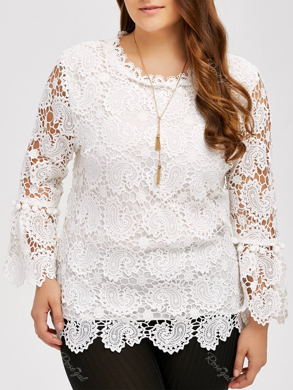 2018 Plus Size Openwork Sheer Lace Blouse In White One Size | Rosegal.com