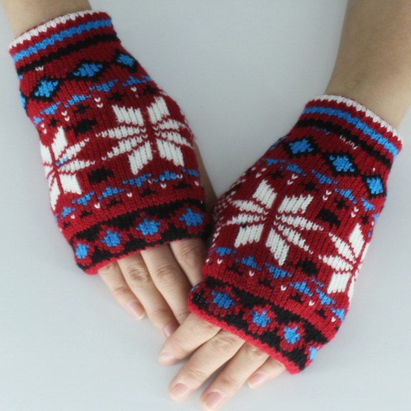 

Christmas Snow Knitted Fingerless Gloves, Red