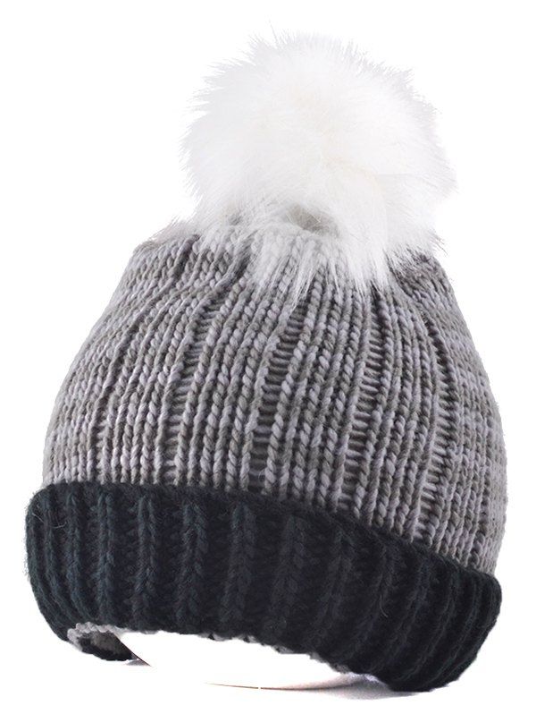 

Yarn Knitted Stripe Pompom Ball Beanie Hat, Black