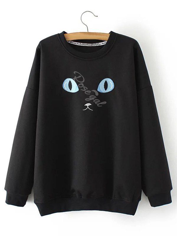 

Plus Size Cat Embroidery Sweatshirt, Black