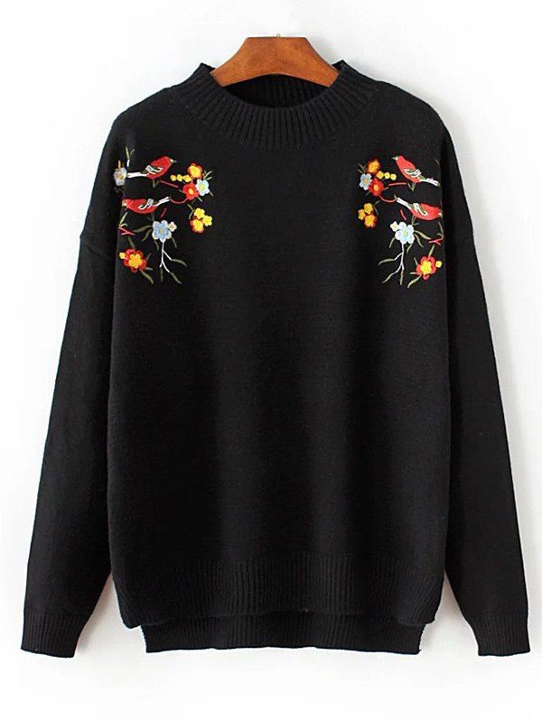 Chic Crew Neck Floral Embroidered Pullover Sweater  
