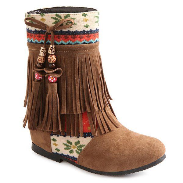 [44 OFF] Printed Tassels Fringe Boots Rosegal