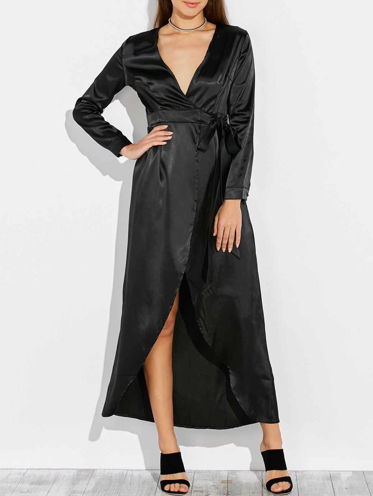 satin wrap maxi dress long sleeve