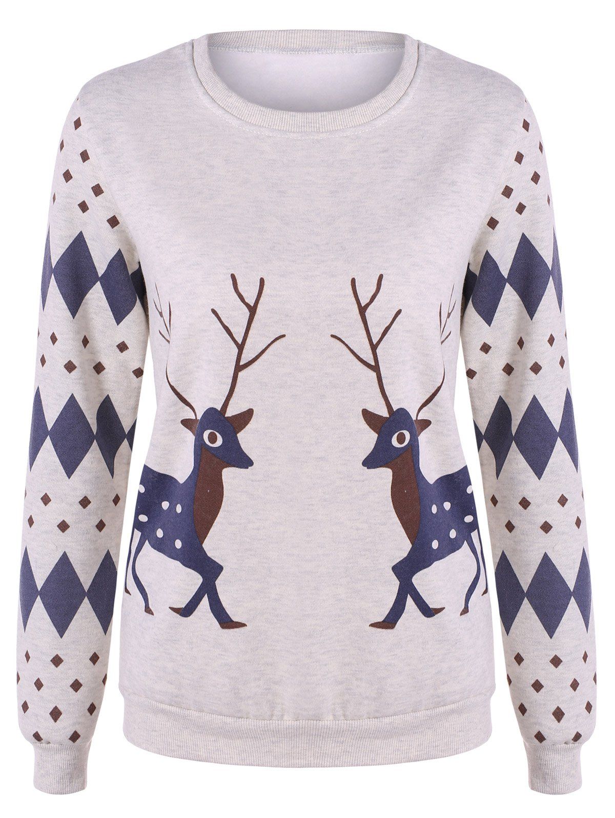

Rhombus and Deer Print Flocking Sweatshirt, Gray