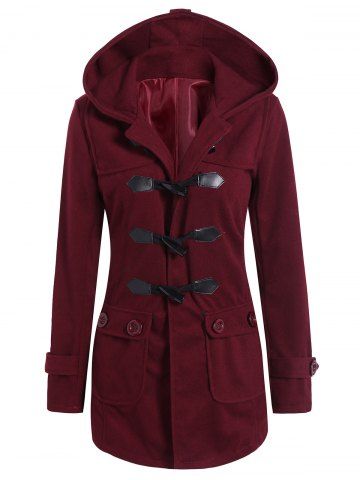 Wine Red 2xl Hooded Flap Pockets Duffle Coat | RoseGal.com