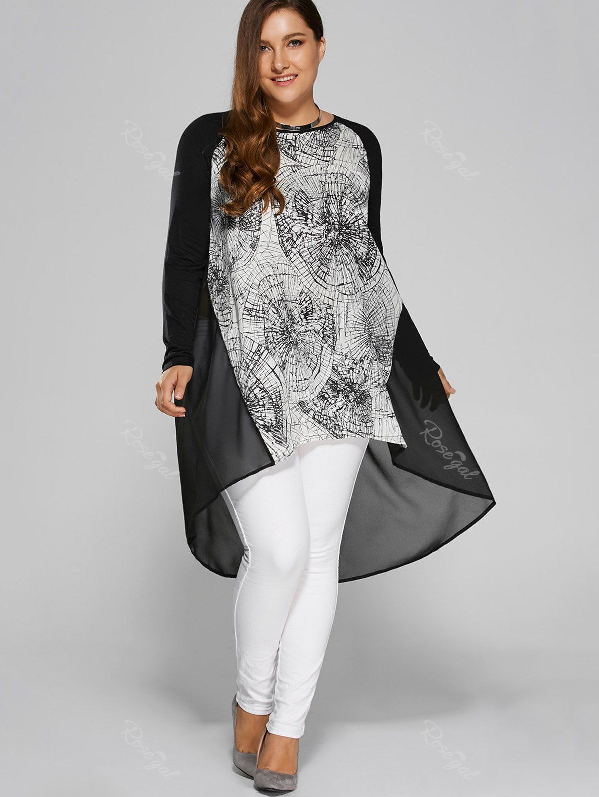 White/black 5xl Plus Size Abstract Print High Low Blouse | RoseGal.com