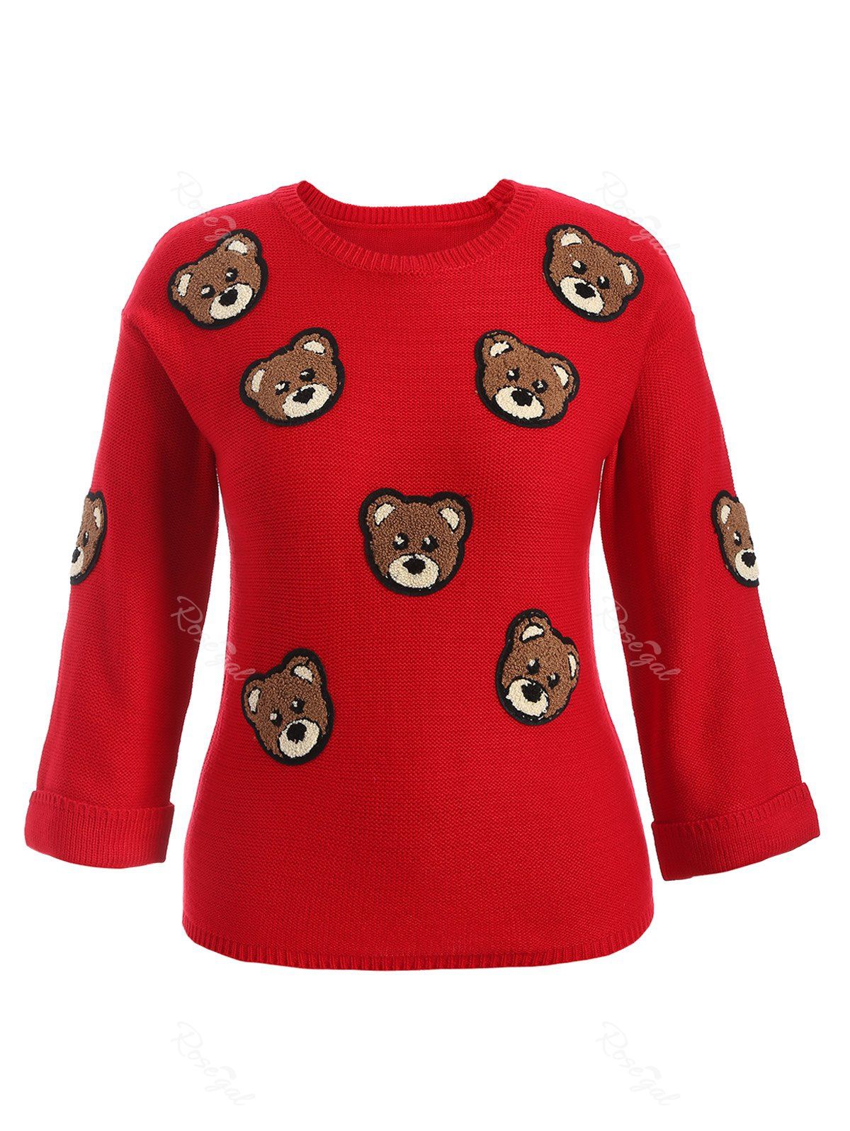 

Bear Patched Plus Size Pullover Sweater, Red