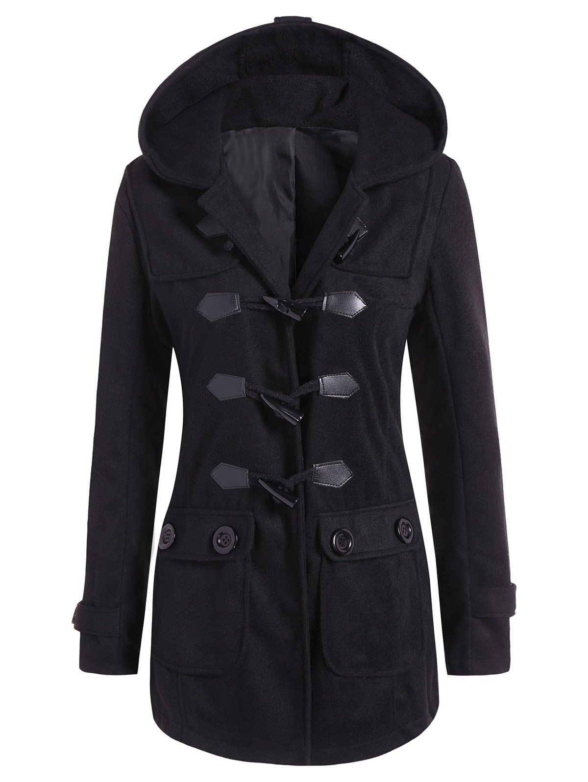 

Hooded Flap Pockets Duffle Coat, Black