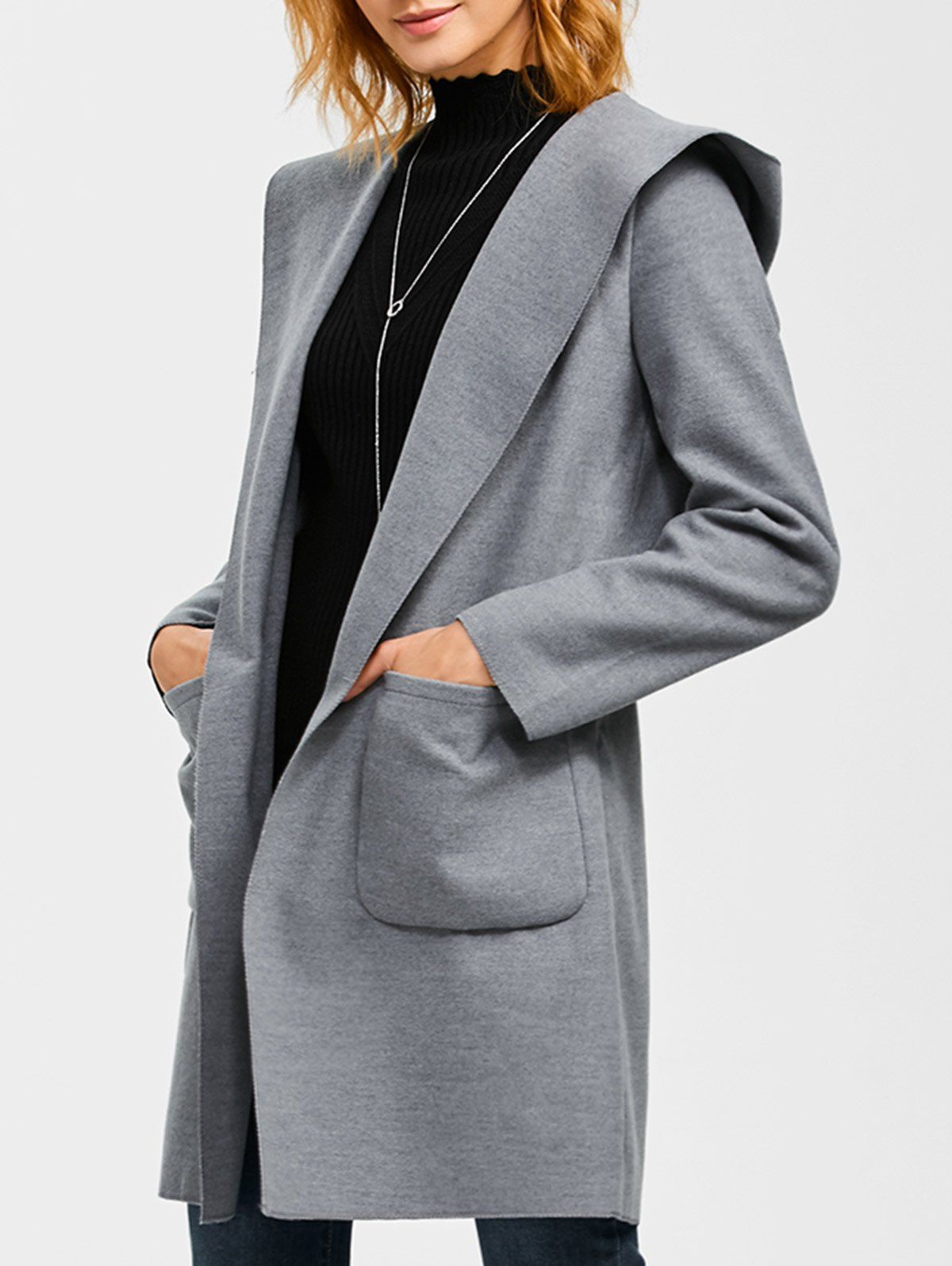 Outfit Slim Double Pockets Hooded Wrap Coat  