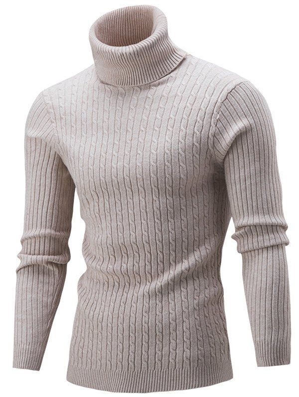 

Slim Fit Cable Knit Turtleneck Sweater, Beige