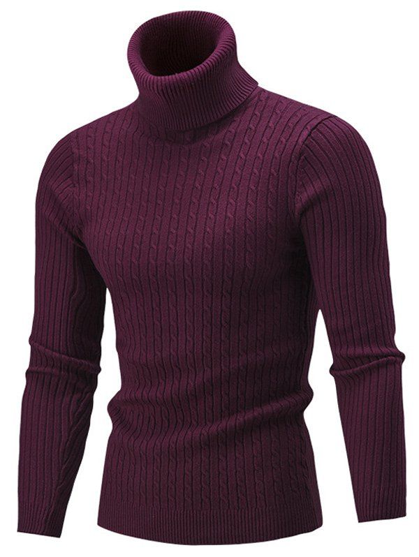 

Slim Fit Cable Knit Turtleneck Sweater, Wine red