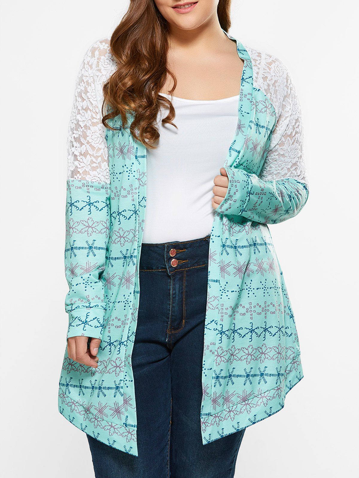 

Plus Size Lace Trim Tribal Cardigan, Light green