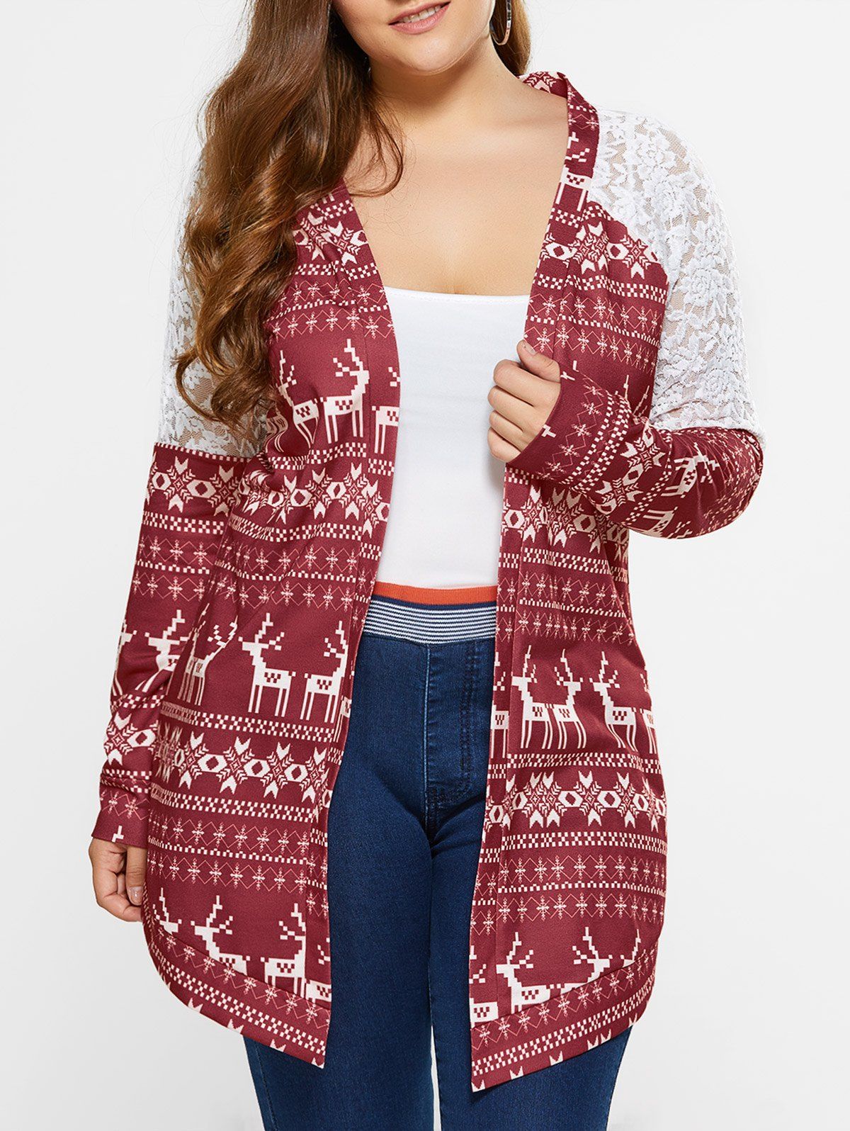 

Plus Size Lace Trim Tribal Cardigan, Brown red