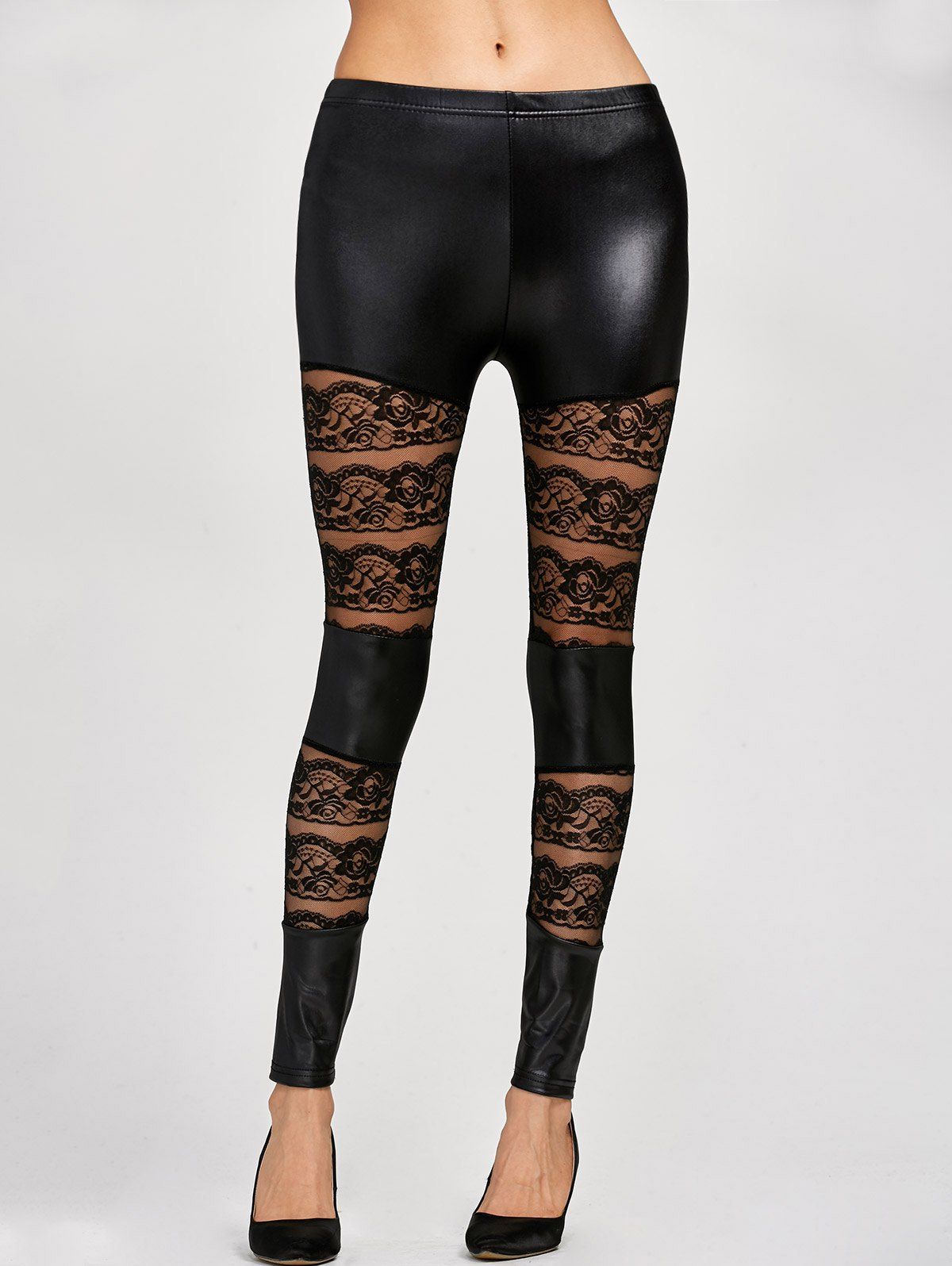 [6 Off] Lace Insert Pu Leather Leggings Rosegal