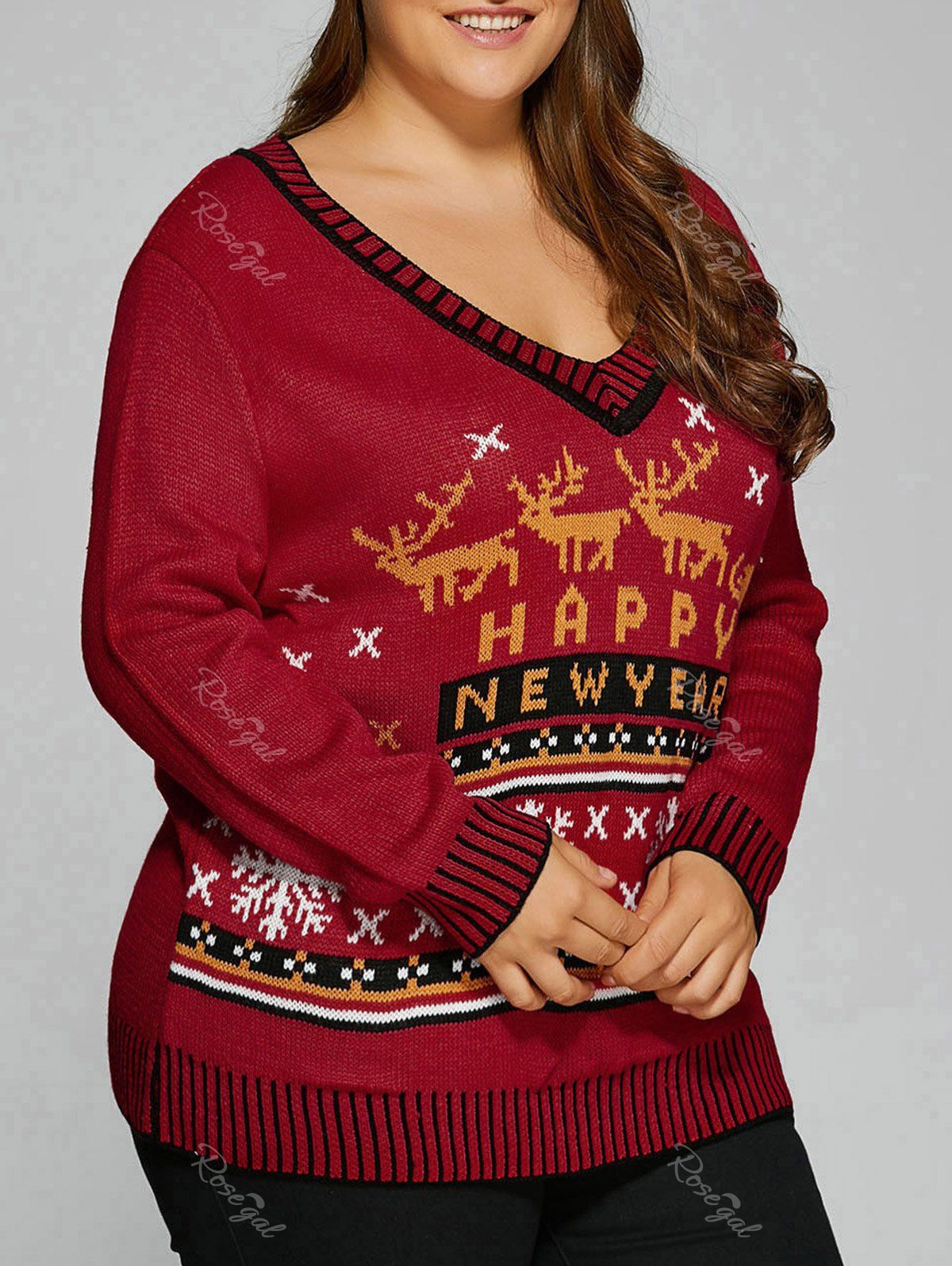 

Christmas Elk Plus Size Graphic Sweater, Deep red