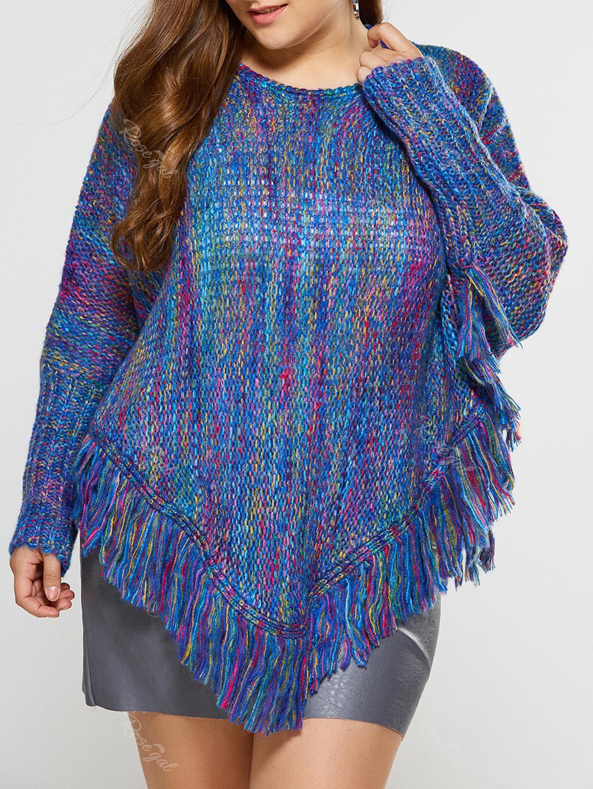 

Asymmetric Fringe Poncho Sweater, Blue