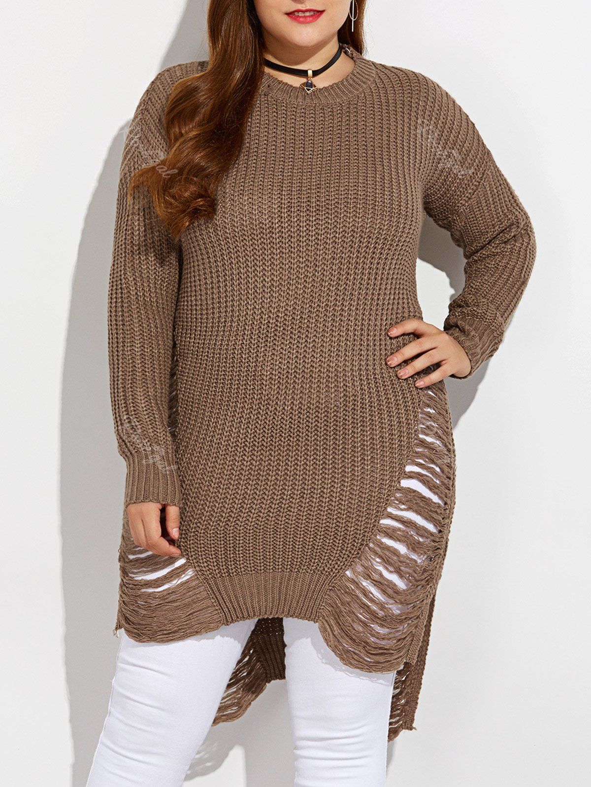 

High Low Ripped Plus Size Crew Neck Sweater, Light coffee