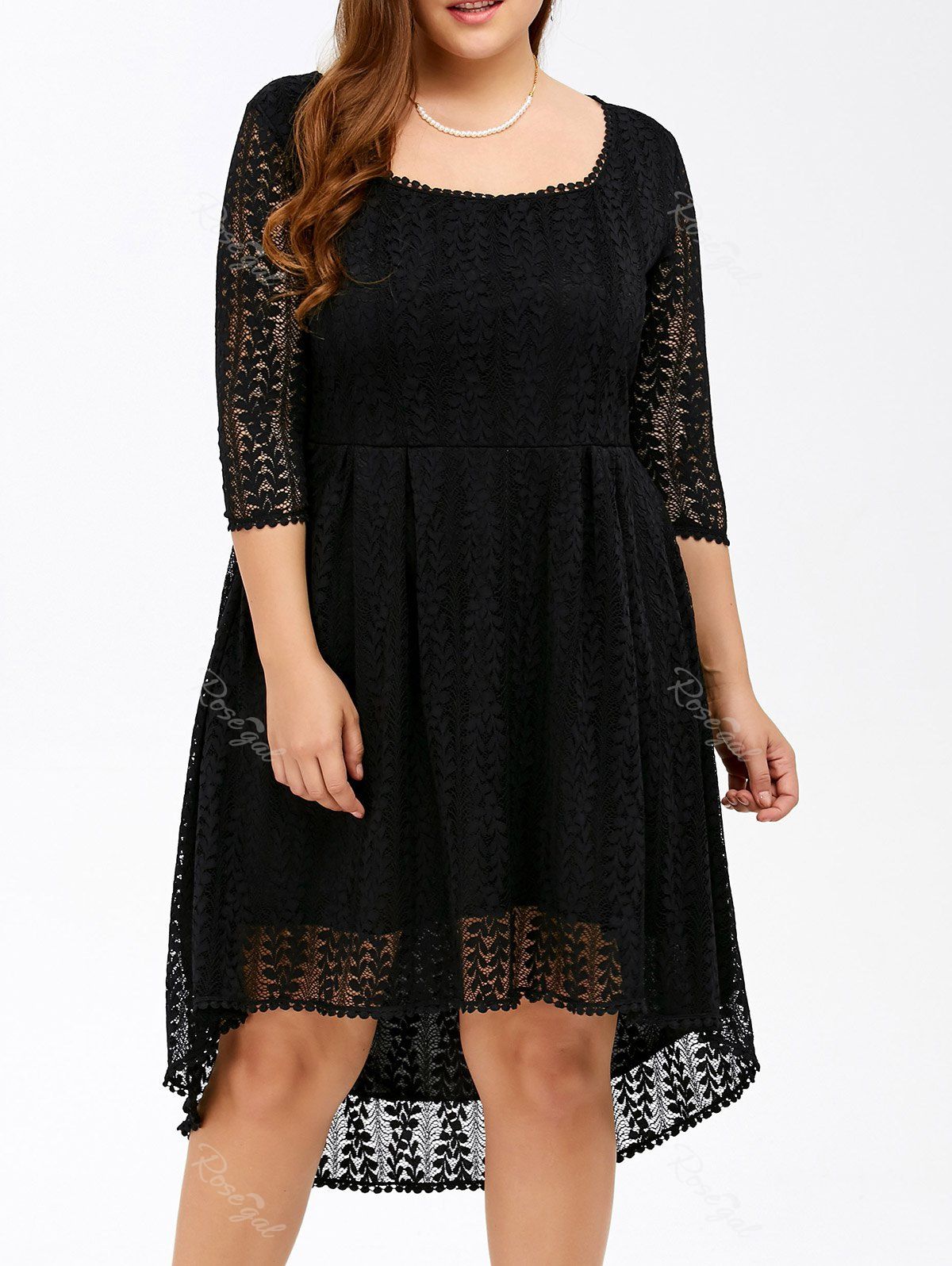 Black 7xl Plus Size Midi High Low A Line Lace Dress With Sleeves