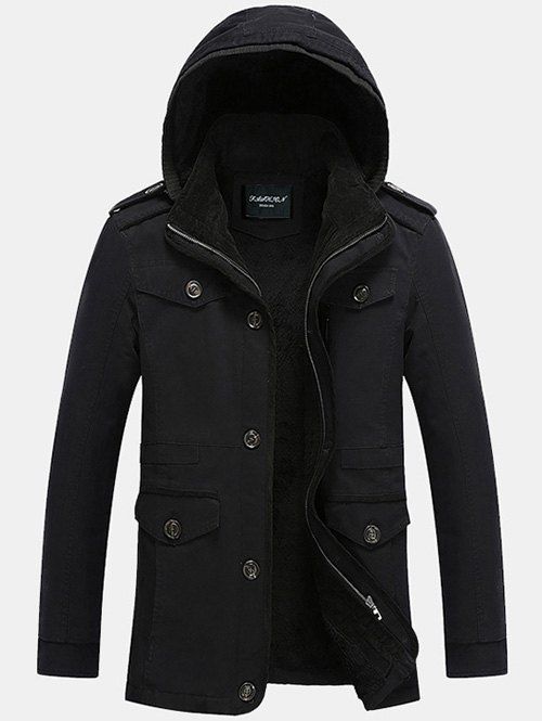 

Epaulet Design Pocket Flocking Hooded Jacket, Black