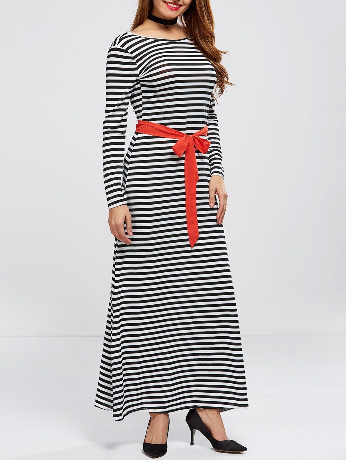 Latest Long Sleeve V Back Striped Belted Maxi Dress  