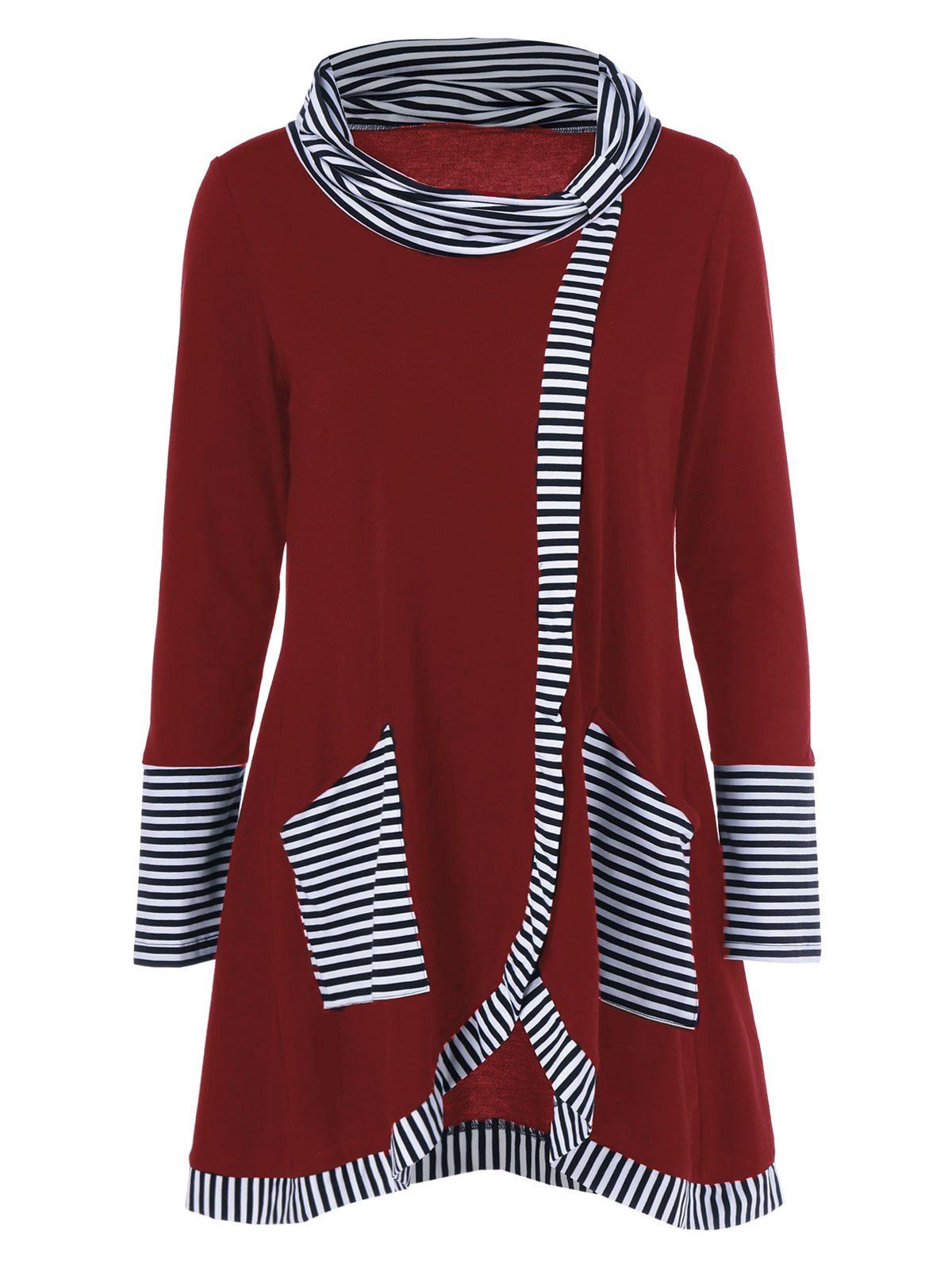 

Pinstriped Patchwork Pockets Design Tee, Burgundy