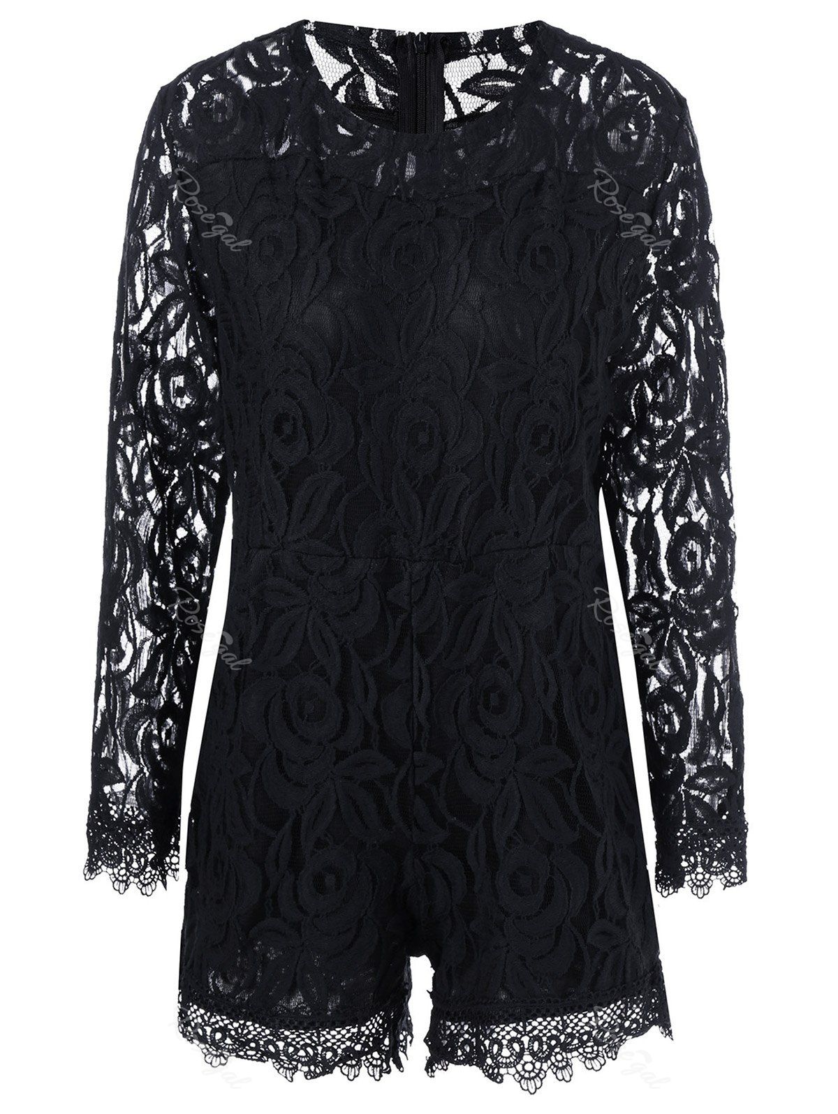 Black Xl Plus Size Sheer Long Sleeve Lace Romper | RoseGal.com