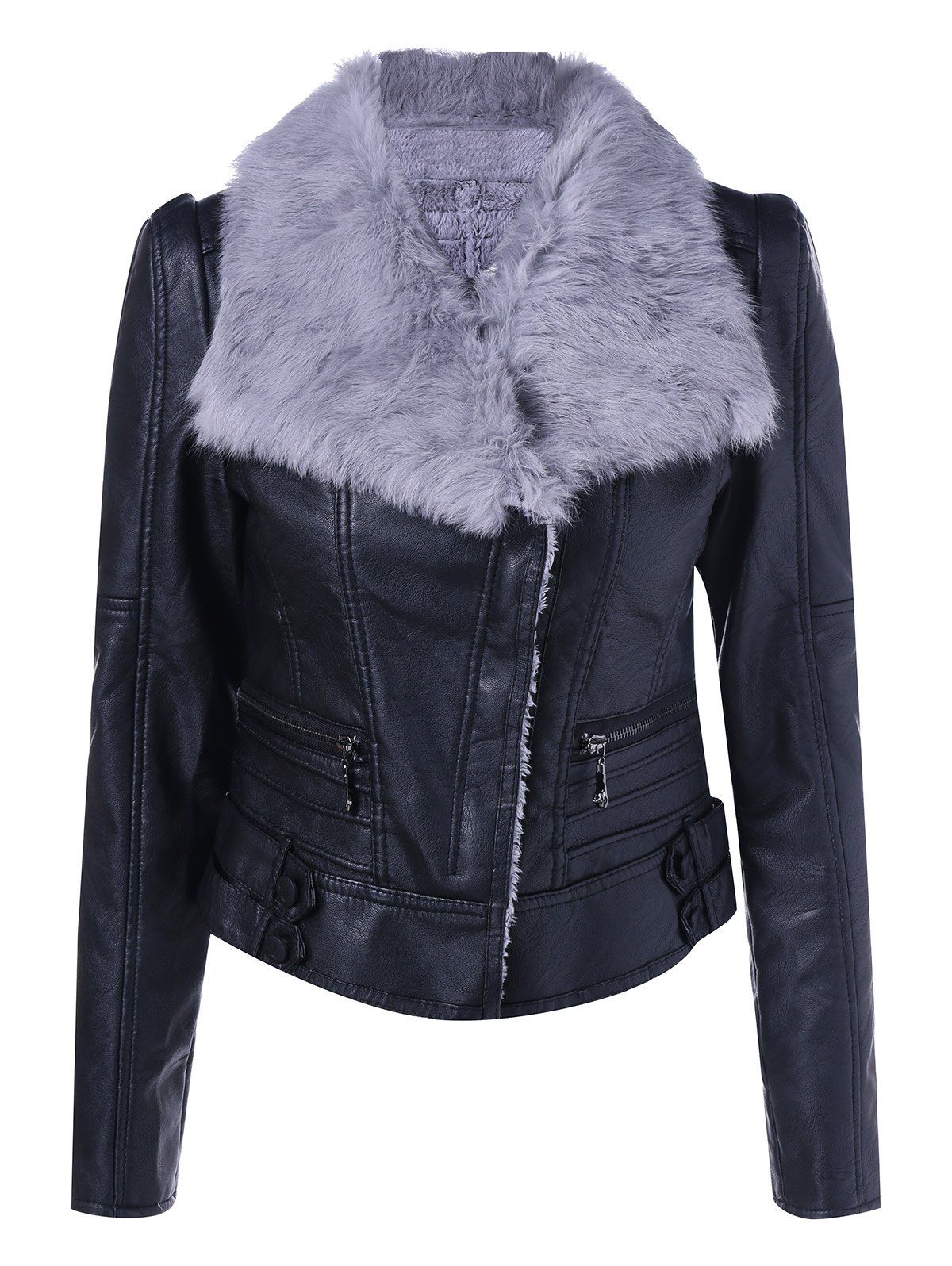 2019 Faux Fur Collar Slim Fit Cropped Biker Jacket Rosegal Com Faux Fur Collar Slim Fit Cropped Biker Jacket