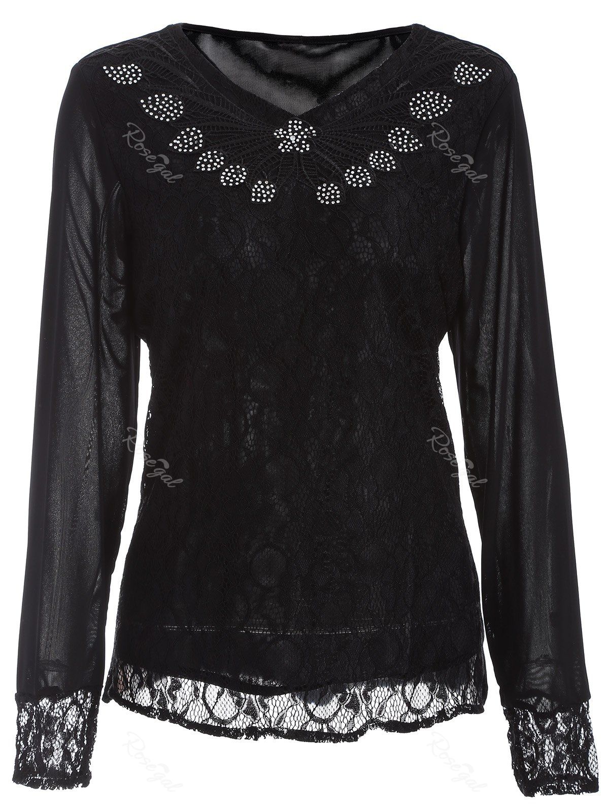 

Rhinestone Leaf Lace Insert Plus Size T Shirt, Black