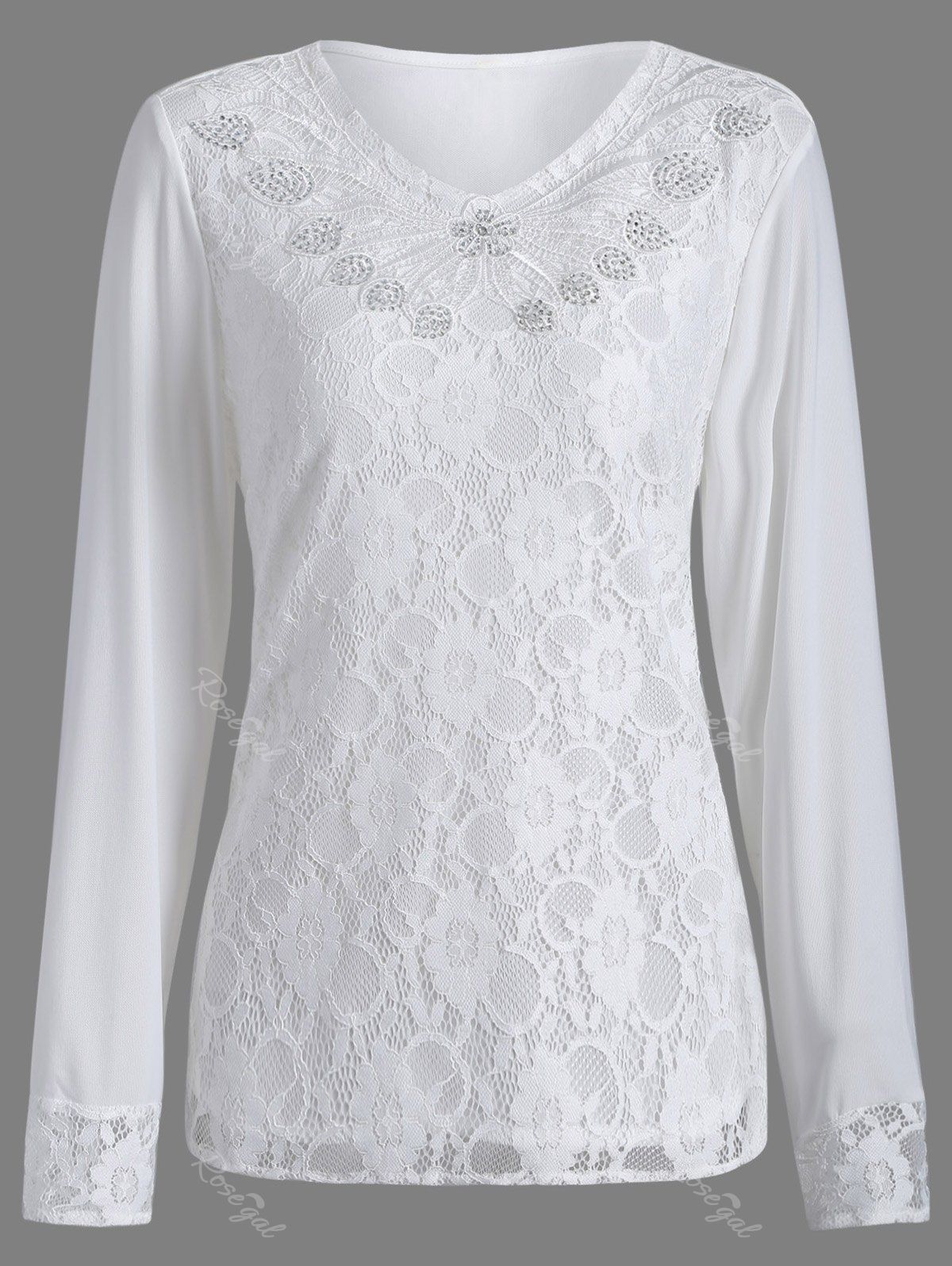 

Rhinestone Leaf Lace Insert Plus Size T Shirt, White