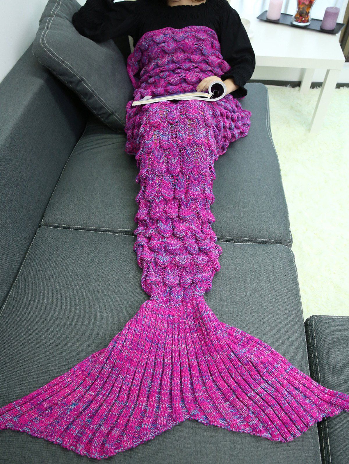 

Knitting Fish Scales Design Mermaid Tail Style Blanket, Deep purple