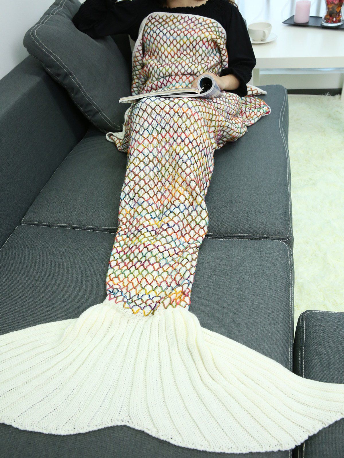 Online Home Sofa Rhombus Design Knitted Throw Bed Mermaid Blanket  